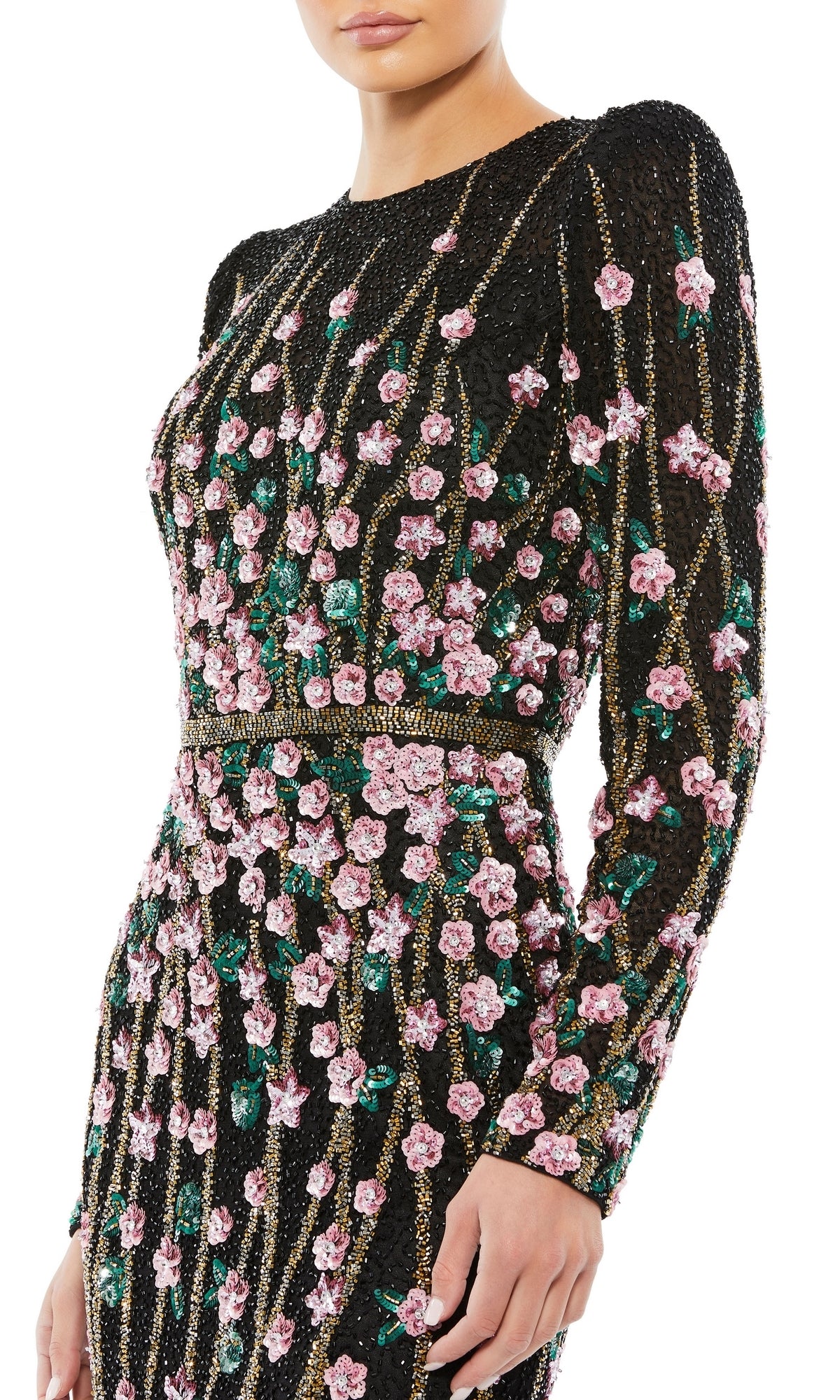 Woman modeling the Beaded Long Black Formal Dress: Mac Duggal 5492, featuring pink floral embroidery with green accents on long sleeves—a sophisticated update to classic eveningwear, shown from shoulders to thighs.